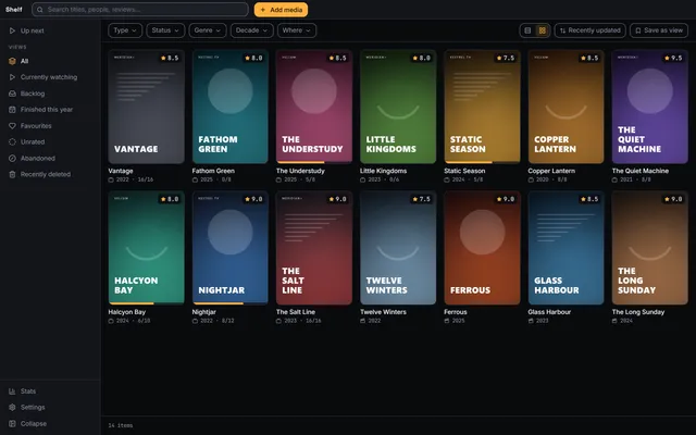 The library as a grid of poster cards with ratings in the corner and progress bars along the bottom edge